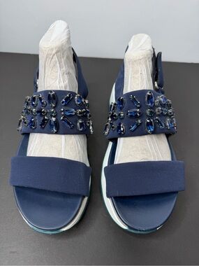 Zara Navy Jeweled Double-Strap Sandals